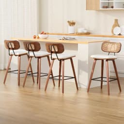 4 Piece Kitchen Counter Bar Stools Rattan Chairs with PU Leather Padded Seat High Back Modern Dining Bar Chairs