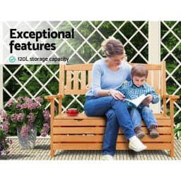Outdoor Storage Bench Box Wooden Garden Chair 2 Seat Timber Furniture with Spacious Deck Storage for Patio Porch Balcony