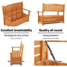 Outdoor Storage Bench Box Wooden Garden Chair 2 Seat Timber Furniture with Spacious Deck Storage for Patio Porch Balcony