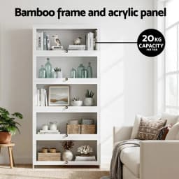 5 Tier Clear Display Cabinet Storage Bookshelf White Freestanding Organizer Shelf for Home Office Living Room