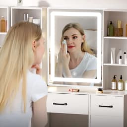 White Vanity Dressing Table Set with Touch Control LED Light Mirror, Double Side Open Shelves & Storage Cabinets, Multi Drawers, One Padded Stool Included Modern Makeup Desk for Bedroom