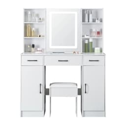 White Vanity Dressing Table Set with Touch Control LED Light Mirror, Double Side Open Shelves & Storage Cabinets, Multi Drawers, One Padded Stool Included Modern Makeup Desk for Bedroom