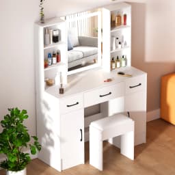 White Vanity Dressing Table Set with Touch Control LED Light Mirror, Double Side Open Shelves & Storage Cabinets, Multi Drawers, One Padded Stool Included Modern Makeup Desk for Bedroom