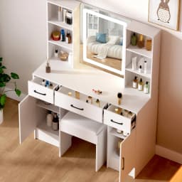 White Vanity Dressing Table Set with Touch Control LED Light Mirror, Double Side Open Shelves & Storage Cabinets, Multi Drawers, One Padded Stool Included Modern Makeup Desk for Bedroom