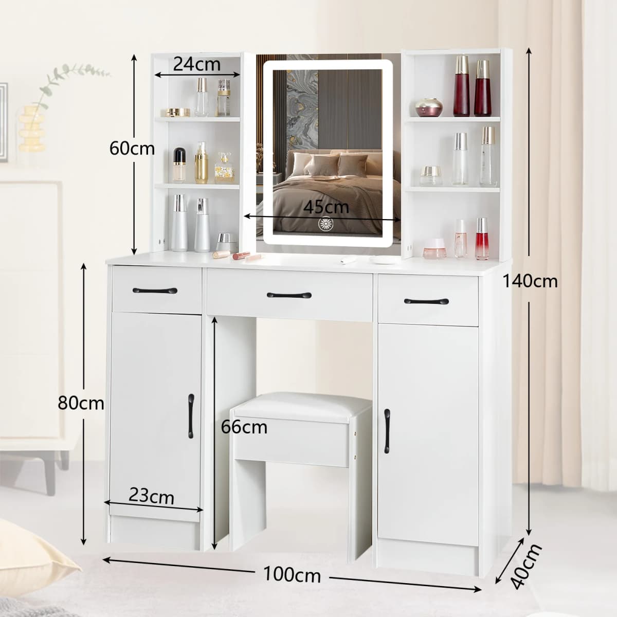 White Vanity Dressing Table Set with Touch Control LED Light Mirror, Double Side Open Shelves & Storage Cabinets, Multi Drawers, One Padded Stool Included Modern Makeup Desk for Bedroom