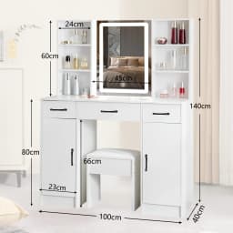 White Vanity Dressing Table Set with Touch Control LED Light Mirror, Double Side Open Shelves & Storage Cabinets, Multi Drawers, One Padded Stool Included Modern Makeup Desk for Bedroom