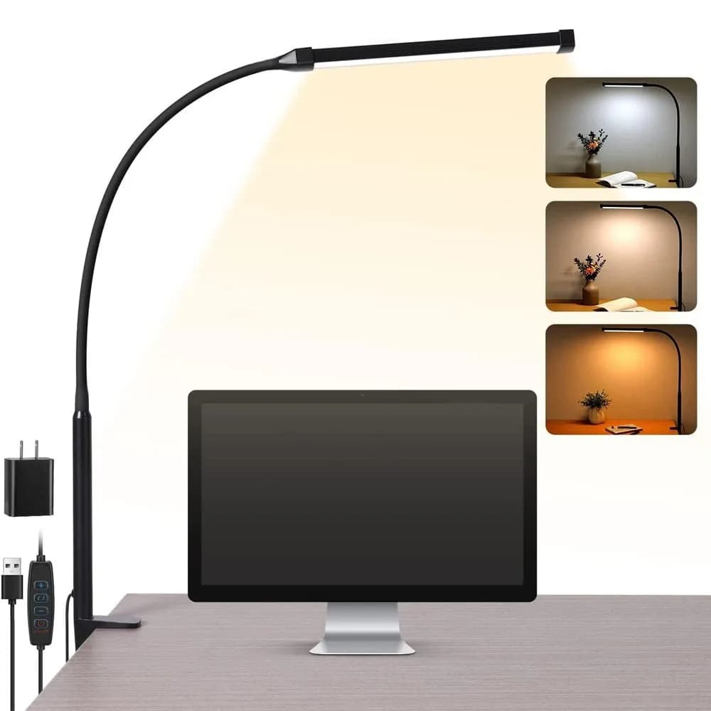 LED Desk Lamp with Clamp 3 Colors Stepless Dimming Eye-Caring Clip Lights Home