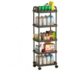 Multi-Function Rolling Storage Rack - Plastic Movable Shelves Cart With Vertical Upright Design, Kitchen Bathroom Office Desk