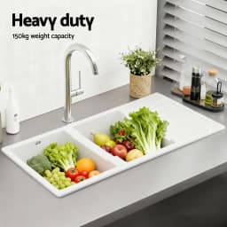 116x50cm White Granite Stone Double Bowl Kitchen Sink Modern Durable Composite Sink for Kitchen Laundry Utility Use