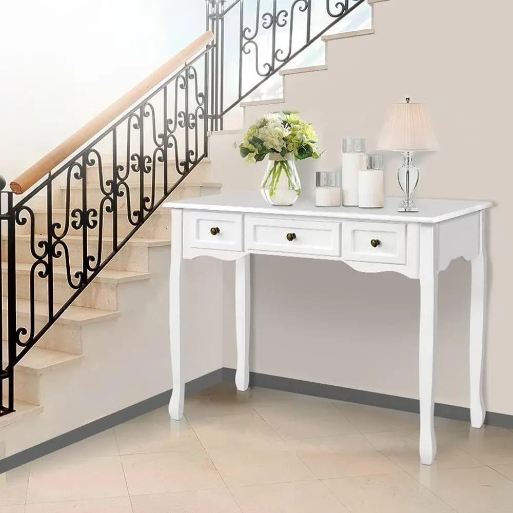 White Hamptons Style Console Table 3 Drawers Wooden Entryway Storage Cabinet Narrow Hallway Sideboard Living Room Furniture