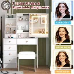 White Hollywood Vanity Set, Touch Control LED Mirror, 3 Color Lighting, 6 Drawers with Stool, Easy Assembly