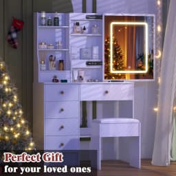 White Hollywood Vanity Set, Touch Control LED Mirror, 3 Color Lighting, 6 Drawers with Stool, Easy Assembly