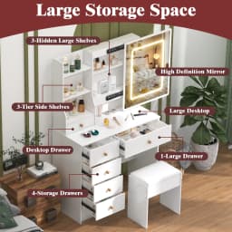 White Hollywood Vanity Set, Touch Control LED Mirror, 3 Color Lighting, 6 Drawers with Stool, Easy Assembly