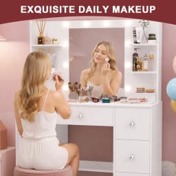 White Modern Vanity Dressing Table Set, Makeup Vanity Desk with 3 Color Adjustable LED Light Mirror, 7 Drawers Storage Cosmetic Dresser for Women Bedroom Home Furniture