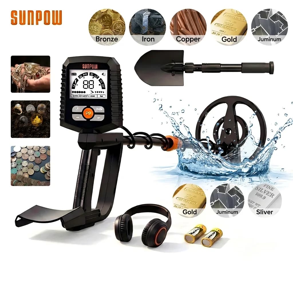 SUNPOW Professional Underground Metal Detector MD13 for Adults, 8" IP68 Waterproof Coil,4 Detection Modes Large LCD Lightweight Gold Detector for Outdoor Treasure Hunting, Coin & Relic Detecting