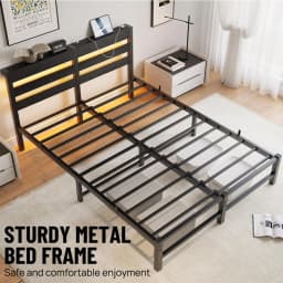 PORIYA Bed Frame Modern Smart LED Lights Metal Bed Frame W/Charging Station Queen Size