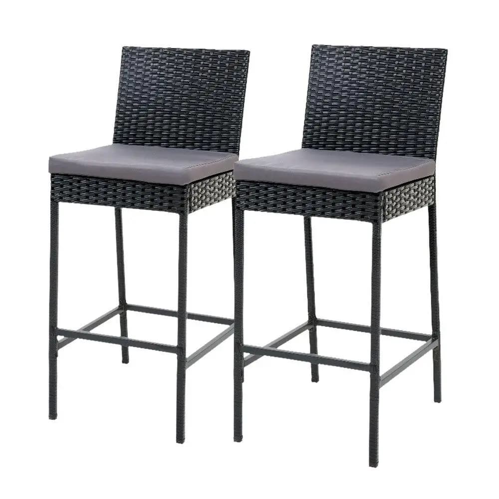 2 Piece Outdoor Rattan Bar Stools Patio Dining Chairs Weather Resistant Wicker Furniture High Back Counter Stools