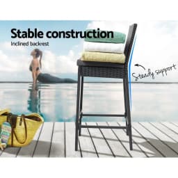 2 Piece Outdoor Rattan Bar Stools Patio Dining Chairs Weather Resistant Wicker Furniture High Back Counter Stools