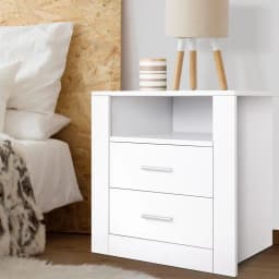 Modern White Bedside Table with 2 Drawers and Open Shelf Compact Nightstand for Bedroom Storage and Organization