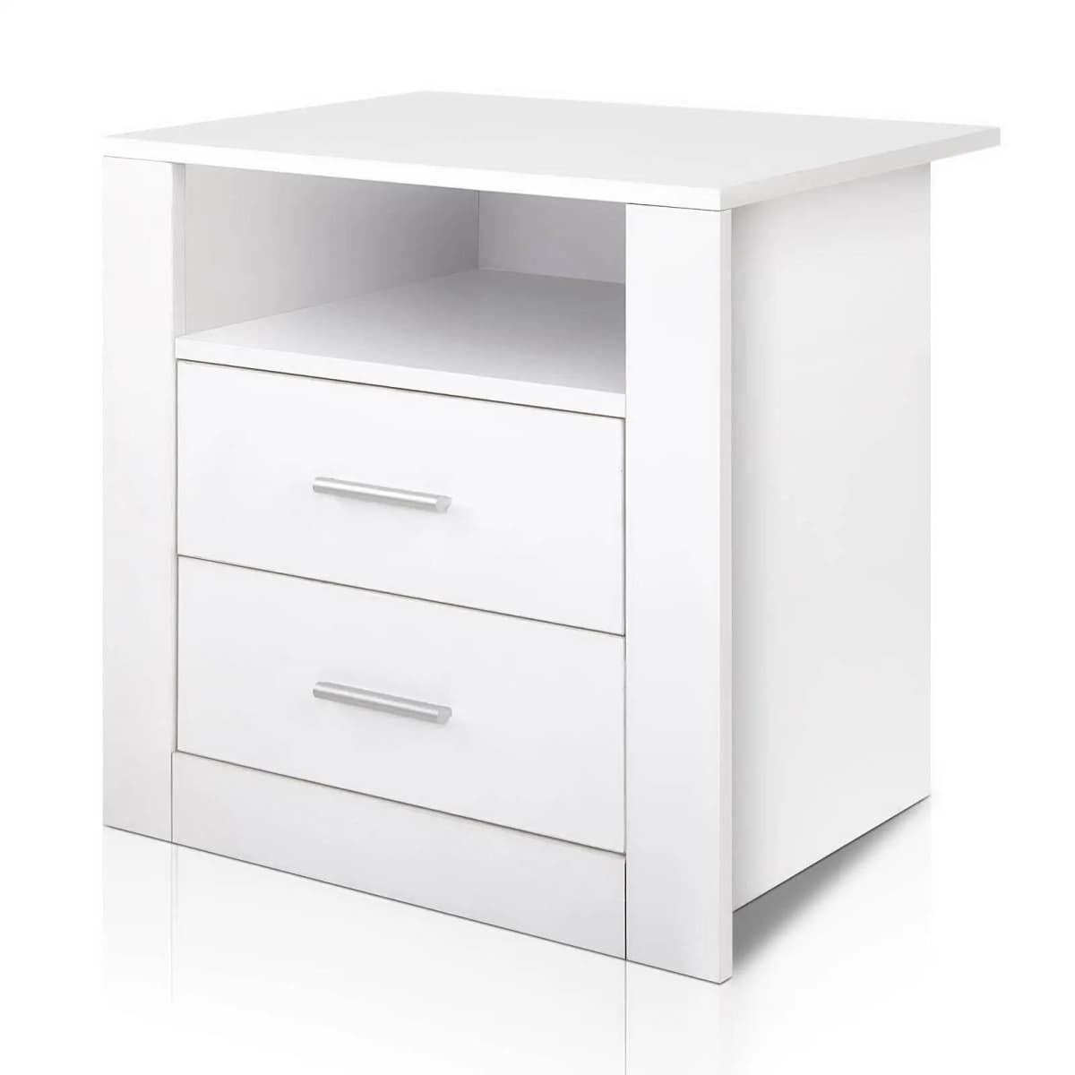Modern White Bedside Table with 2 Drawers and Open Shelf Compact Nightstand for Bedroom Storage and Organization