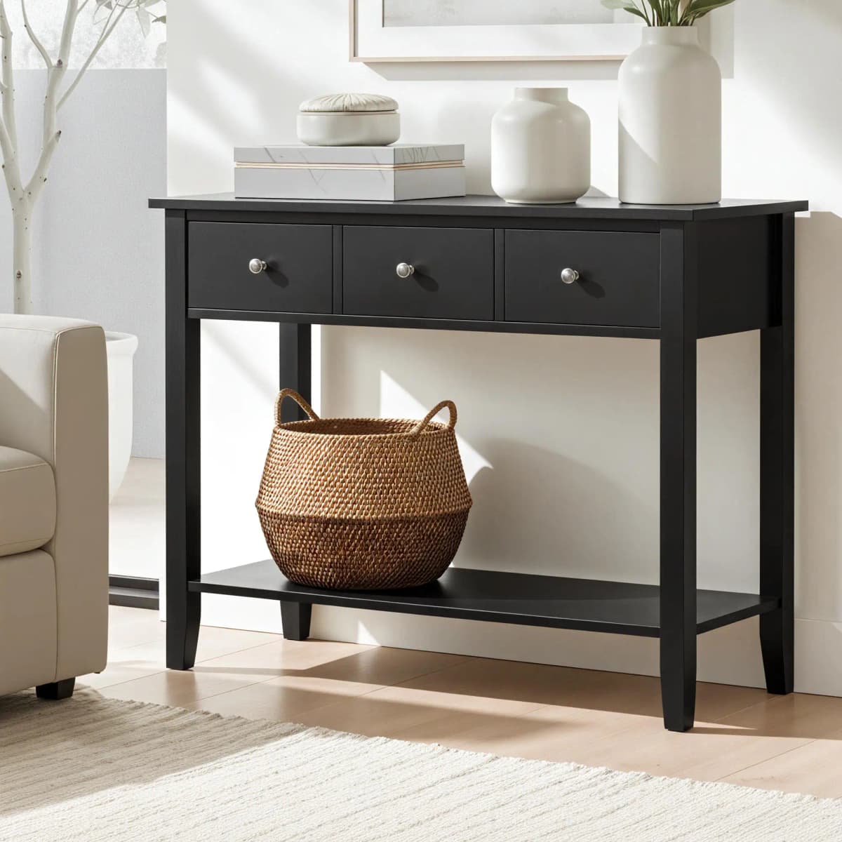 Console Table Hallway Entryway Sofa Table 100CM Black 3 Drawers Modern Storage Furniture