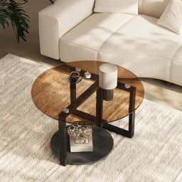 Round Amber-Tinted Tempered Glass Coffee Table Cocktail Center Table with Sintered Stone Storage Tier & Black Metal Frame