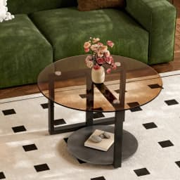 Round Amber-Tinted Tempered Glass Coffee Table Cocktail Center Table with Sintered Stone Storage Tier & Black Metal Frame