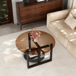 Round Amber-Tinted Tempered Glass Coffee Table Cocktail Center Table with Sintered Stone Storage Tier & Black Metal Frame