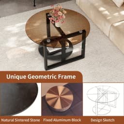 Round Amber-Tinted Tempered Glass Coffee Table Cocktail Center Table with Sintered Stone Storage Tier & Black Metal Frame