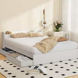 Double Size Bed Frame Mattress Base with Charging Ports and 2 Storage Drawers Wooden Platform Bed