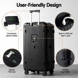 28 Inch Hard Shell Suitcase with 5 Wheels Type C Charging Port TSA Lock Black Travel Luggage