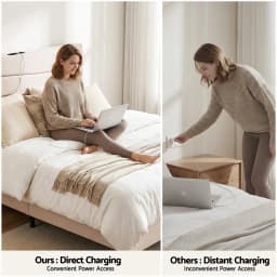 Queen Upholstered Bed Frame with Storage Adjustable Headboard Platform Base Linen Fabric Charging Ports