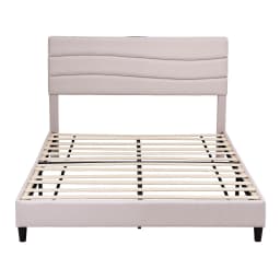 Queen Upholstered Bed Frame with Storage Adjustable Headboard Platform Base Linen Fabric Charging Ports