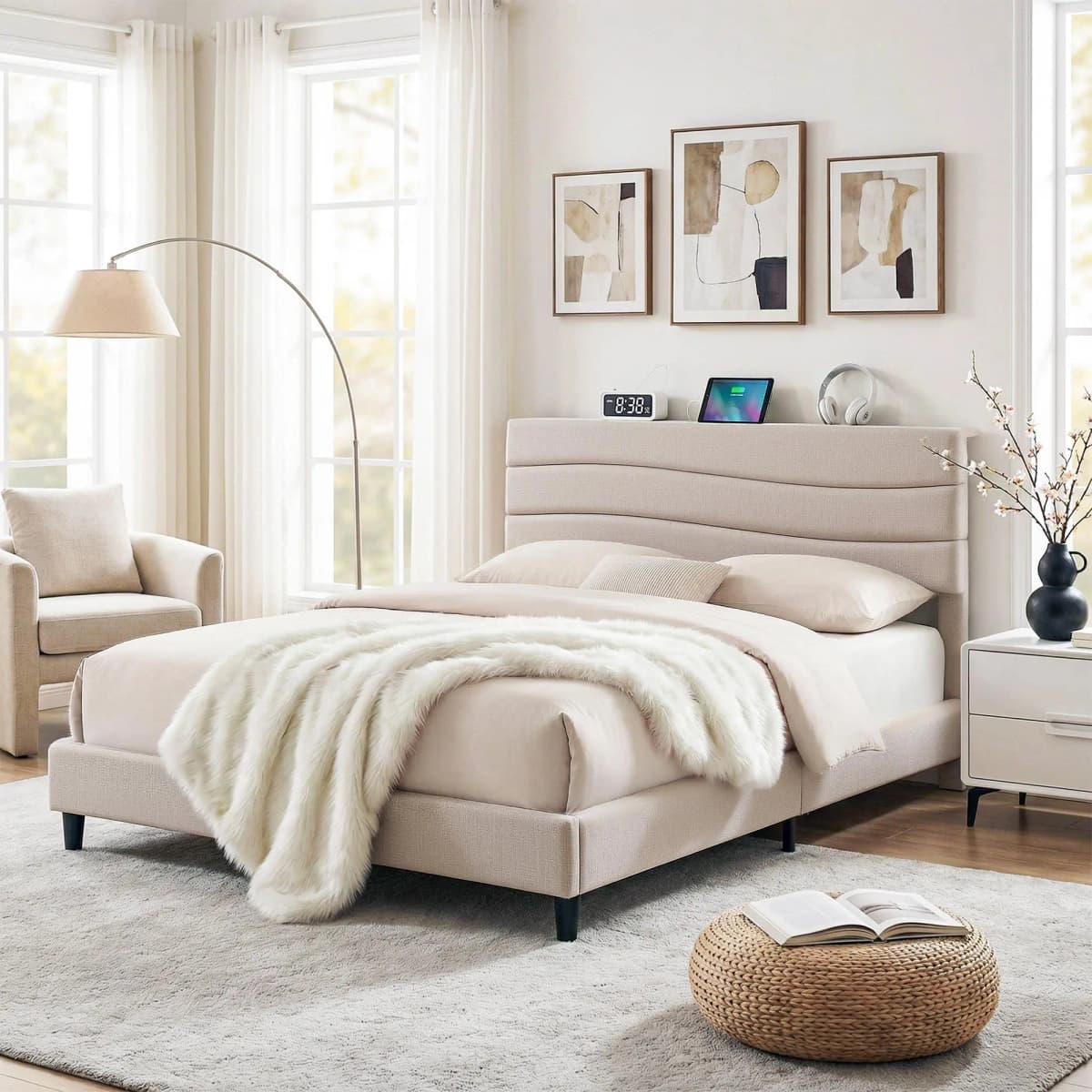 Queen Upholstered Bed Frame with Storage Adjustable Headboard Platform Base Linen Fabric Charging Ports
