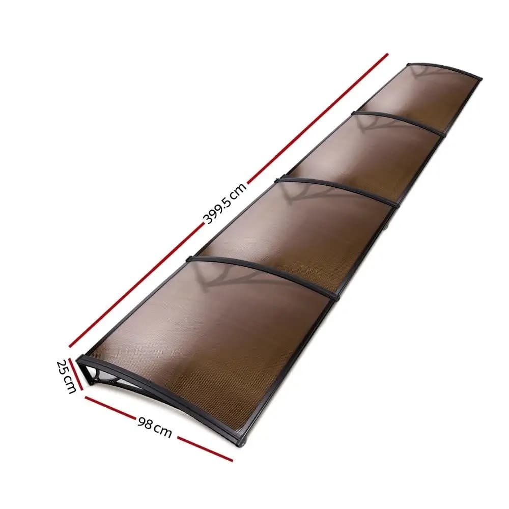 Window Awning Door Canopy 1m x 4m Brown PVC Sheet Black Plastic Frame Outdoor Rain Sun Shelter Cover