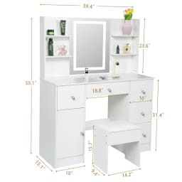 White Modern Vanity Set, LED Lighted Mirror & Stool, Jewelry Organizer Drawers, Women Bedroom Dressing Table