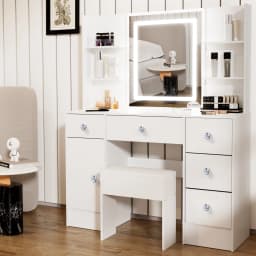 White Modern Vanity Set, LED Lighted Mirror & Stool, Jewelry Organizer Drawers, Women Bedroom Dressing Table