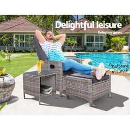 3 Piece Recliner Chair Table Sun Lounge Wicker Outdoor Furniture Adjustable Grey