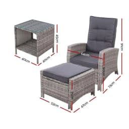 3 Piece Recliner Chair Table Sun Lounge Wicker Outdoor Furniture Adjustable Grey