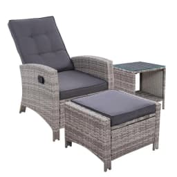 3 Piece Recliner Chair Table Sun Lounge Wicker Outdoor Furniture Adjustable Grey