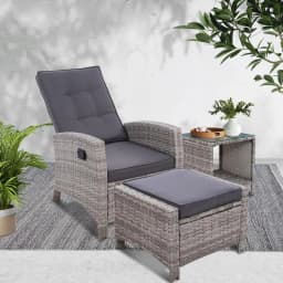 3 Piece Recliner Chair Table Sun Lounge Wicker Outdoor Furniture Adjustable Grey