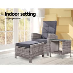 3 Piece Recliner Chair Table Sun Lounge Wicker Outdoor Furniture Adjustable Grey