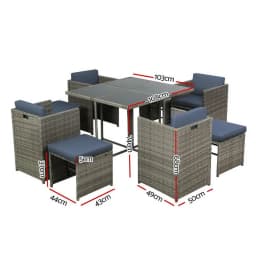 9 Piece Grey Wicker Outdoor Dining Set Patio Table and Chairs Furniture Collection
