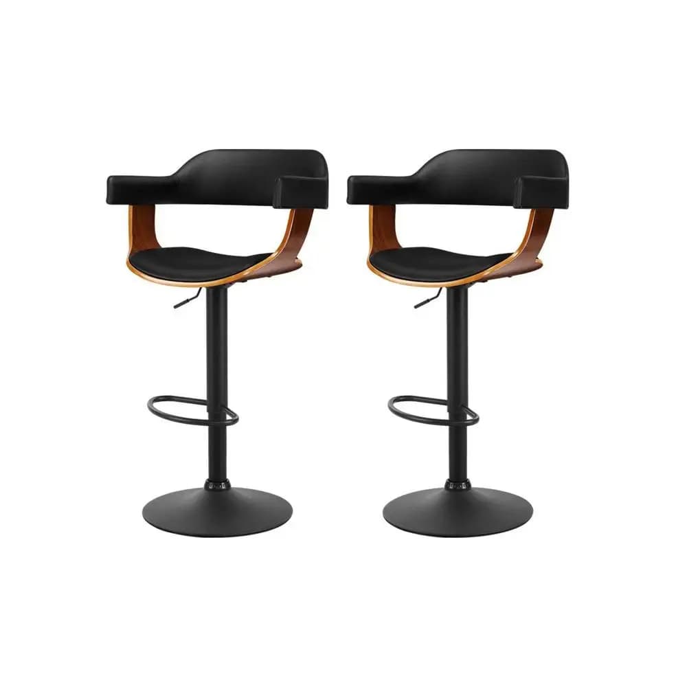 2x Black Gas Lift Leather Bar Stools with Armrests Adjustable Swivel Counter Chairs