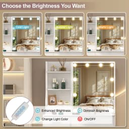 New White Makeup Vanity Desk, 10 LED Bulbs 3 Color Dimmable Mirror, Bedroom Dressing Table with Storage