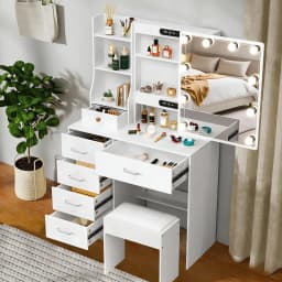 New White Makeup Vanity Desk, 10 LED Bulbs 3 Color Dimmable Mirror, Bedroom Dressing Table with Storage