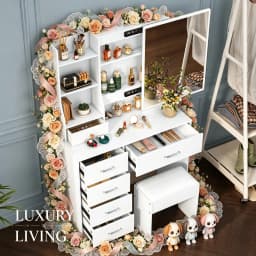 New White Makeup Vanity Desk, 10 LED Bulbs 3 Color Dimmable Mirror, Bedroom Dressing Table with Storage