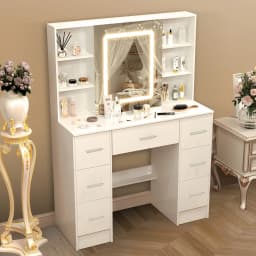 Large Makeup Vanity Desk with LED Hollywood Mirror, Lighted Dressing Table Set with Storage Drawers, Bedroom Vanity Table for Women