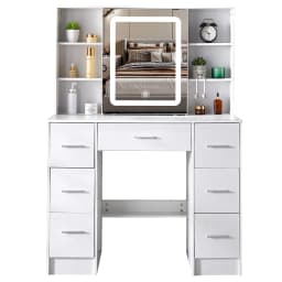Large Makeup Vanity Desk with LED Hollywood Mirror, Lighted Dressing Table Set with Storage Drawers, Bedroom Vanity Table for Women