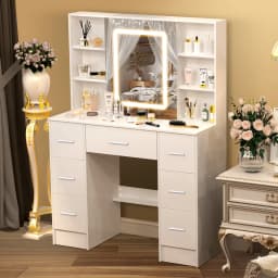 Large Makeup Vanity Desk with LED Hollywood Mirror, Lighted Dressing Table Set with Storage Drawers, Bedroom Vanity Table for Women